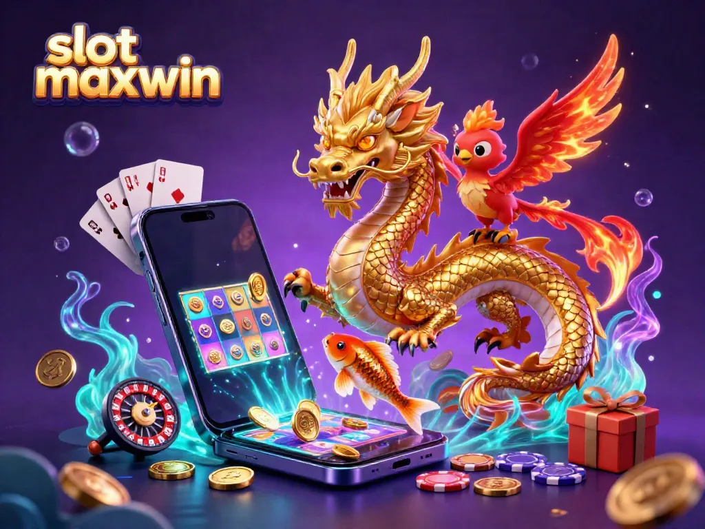 Bermain slot maxwin dengan karakter naga emas berapi dan ikan koi beruntung di antara koin berkilauan