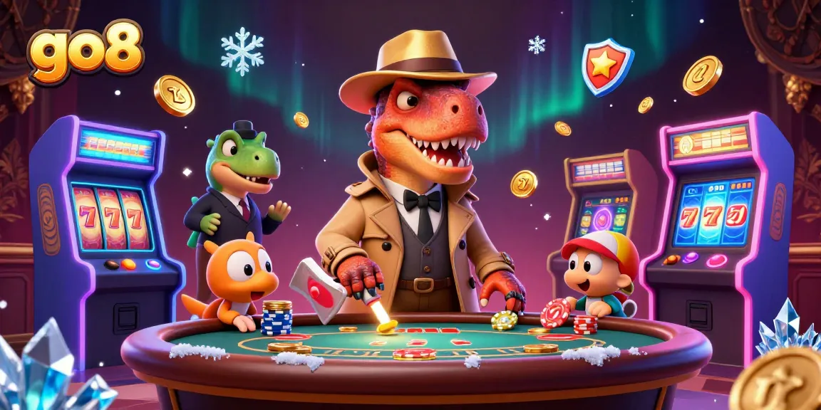 Experience the thrilling gameplay at go8, where a velociraptor card counter matches wits with a stegosaurus pit boss, surrounded by vibrant gaming elements.
