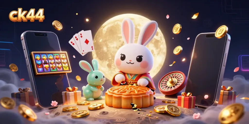 Engage with ck44's vibrant casino scene featuring whimsical moon rabbits and dynamic gaming elements.