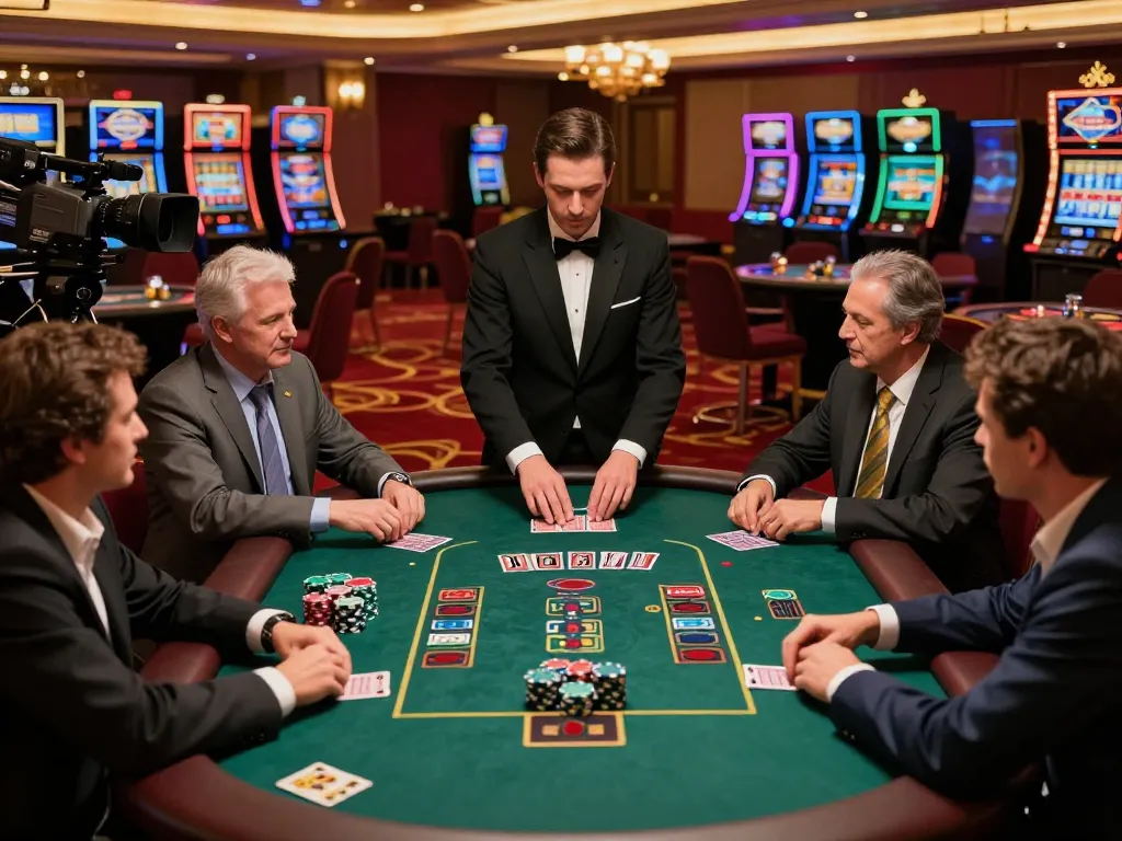 Engaging game of blackjack at the upscale casino, showcasing intense players and dealer action for gameradar enthusiasts.