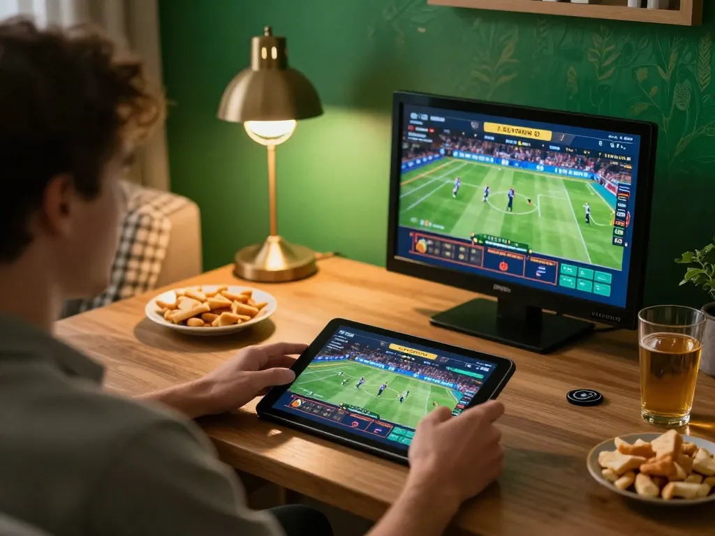 Pemain menjelajahi opsi permainan 88Pulsa di tablet selama sesi santai di rumah, menampilkan taruhan online yang strategis.