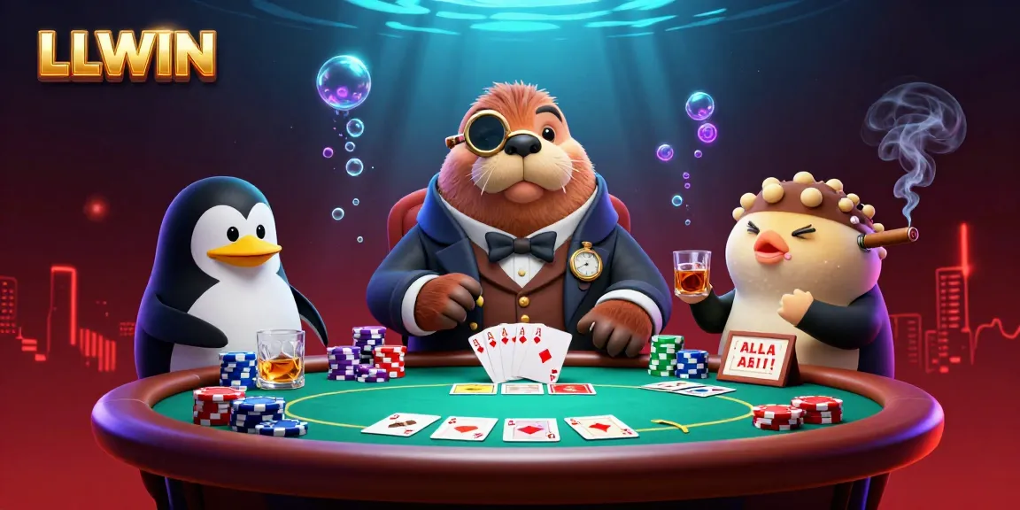 Experience the thrill with LLWIN at an underwater poker game with colorful chips and characters.