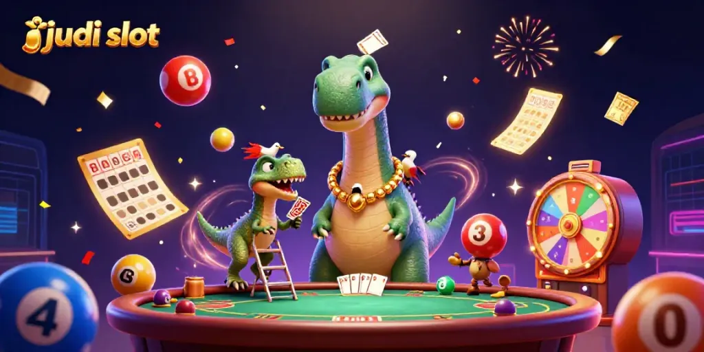 Ilustrasi judi slot dengan dinosaurus dan elemen permainan menang menarik lainnya.