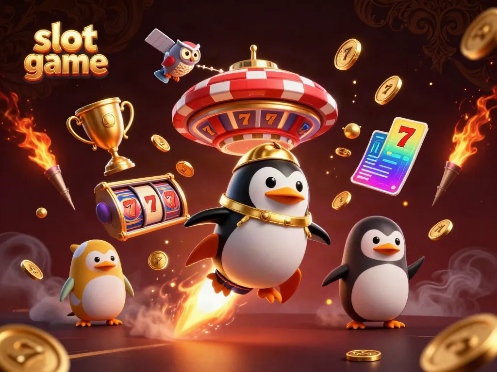 Play thrilling slot games with a rocket-powered penguin in an exciting casino scene.