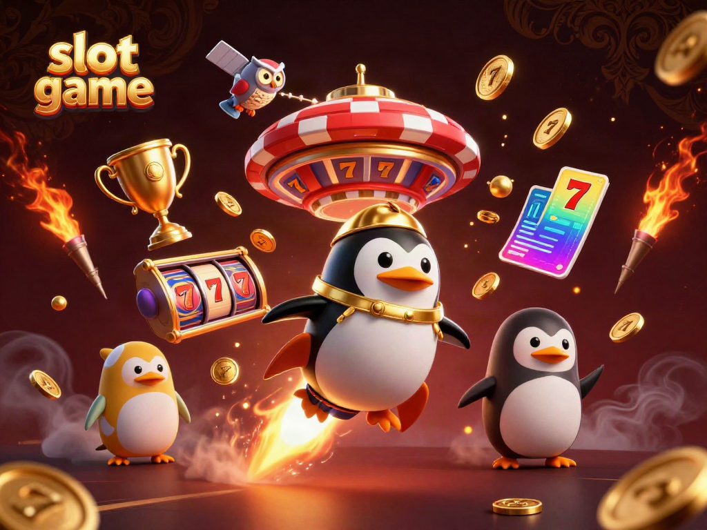 Play thrilling slot games with a rocket-powered penguin in an exciting casino scene.