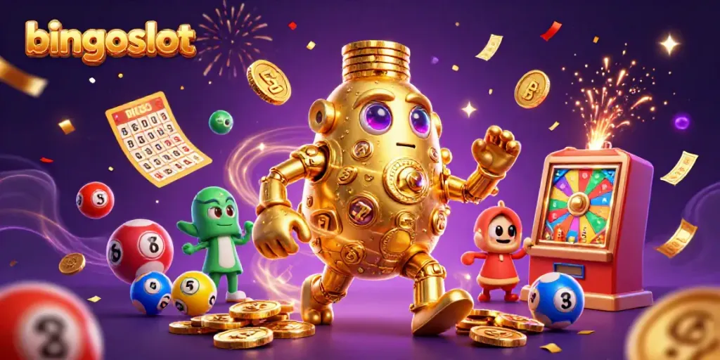 Bermain bingoslot dengan golem emas yang berputar dan bola lotere berwarna-warni, suasana meriah dengan efek kembang api.