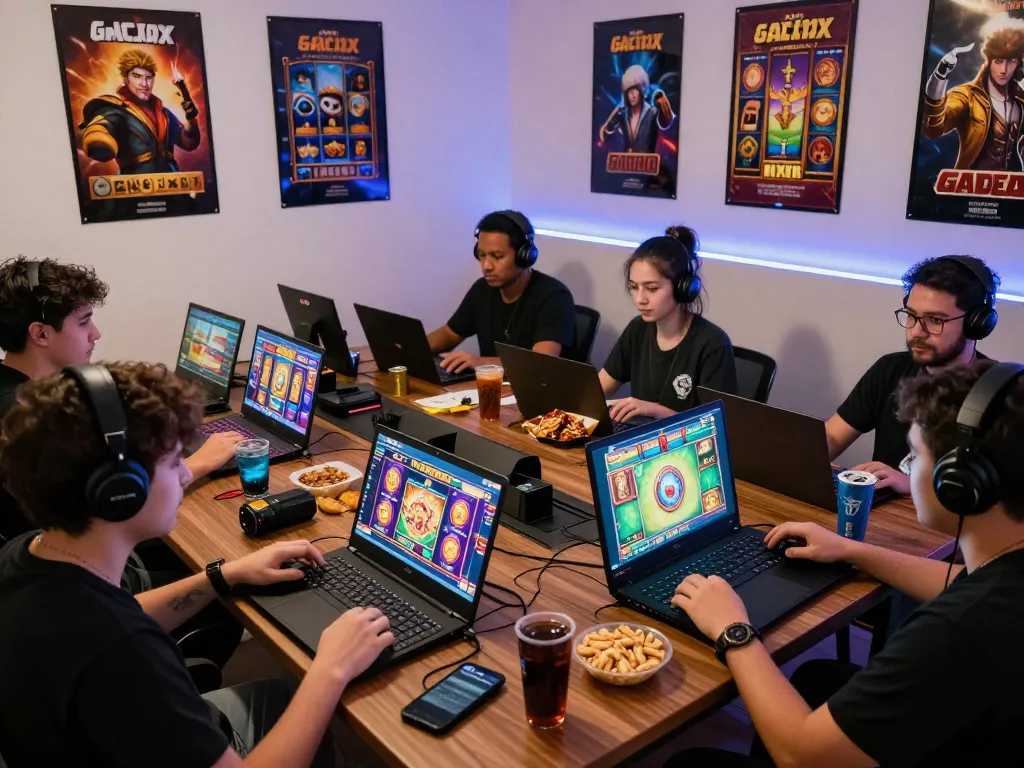 Players enjoying slot gacor games in a vibrant home gaming space, surrounded by snacks and colorful graphics.