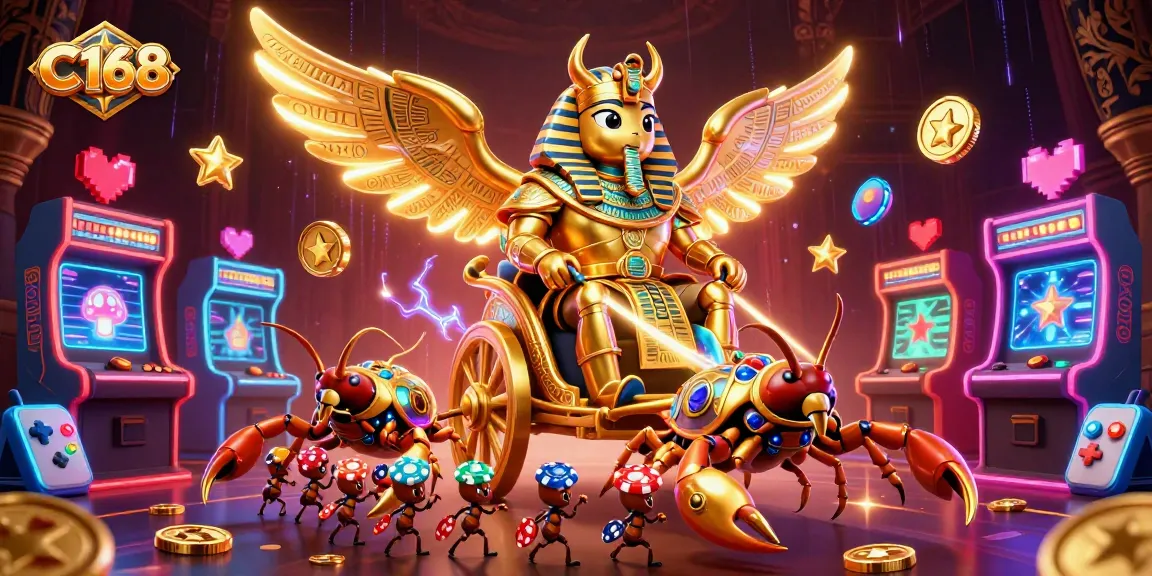 Engage in exciting gameplay at C168 with a colossal golden beetle and jewel-encrusted characters.