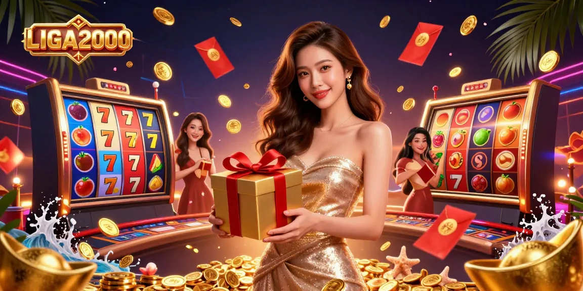 Ilustrasi permainan slot LIGA2000 menampilkan wanita yang menyambut, merayakan kemenangan dengan elemen kasino yang cerah.