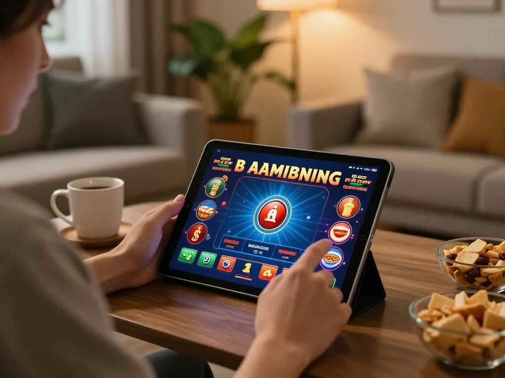 Engaging in strategic online gaming with hubet on a tablet in a cozy home setting.