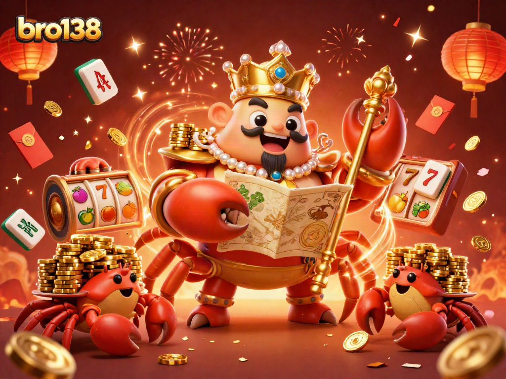 Spin the reels with bro138 at a vibrant casino scene featuring a golden crab emperor and lucky symbols.