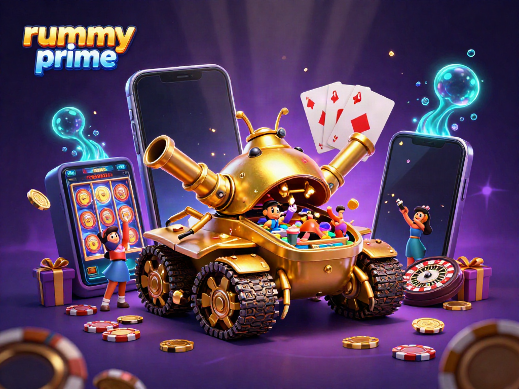Experience thrilling gameplay with rummy prime in a vibrant, dynamic 3D casino illustration.