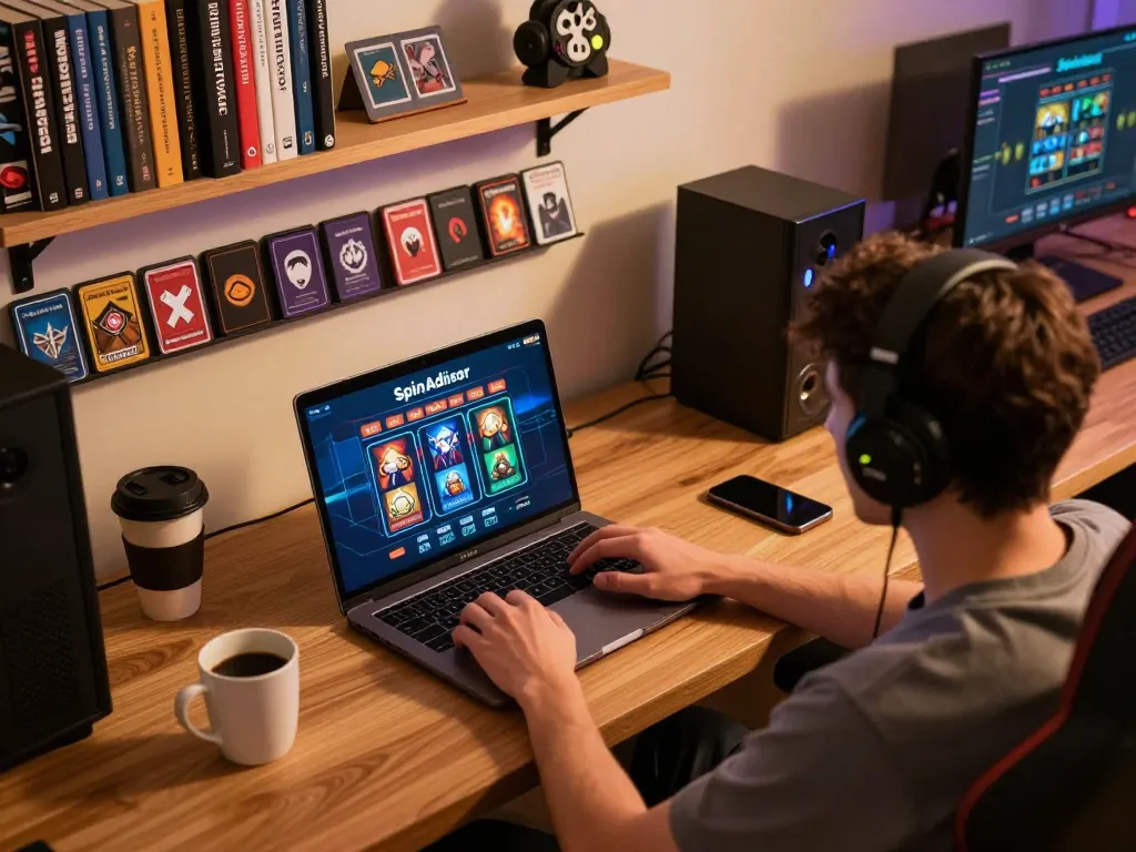 Spinadvisor engaging in online slot recommendations with a cozy gaming setup.