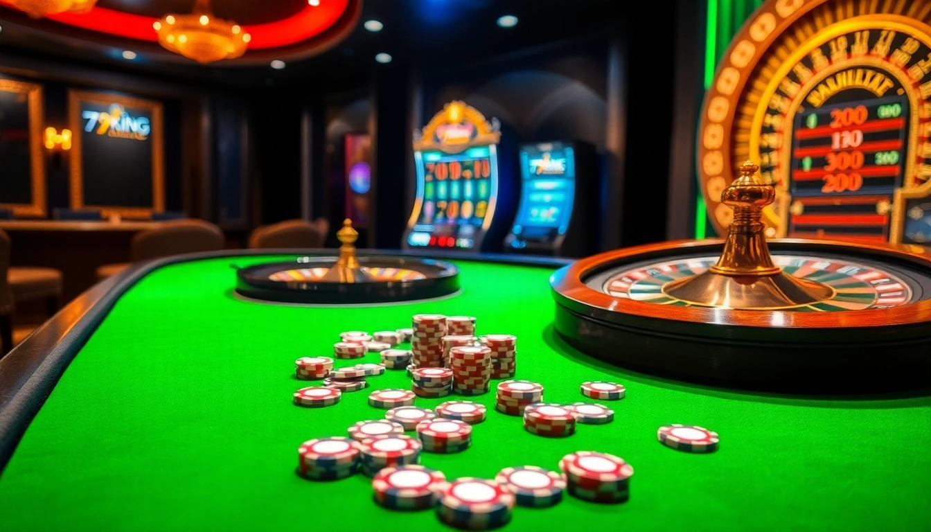 Engaged players enjoying high-stakes action at 79king casino tables with vibrant poker chips.
