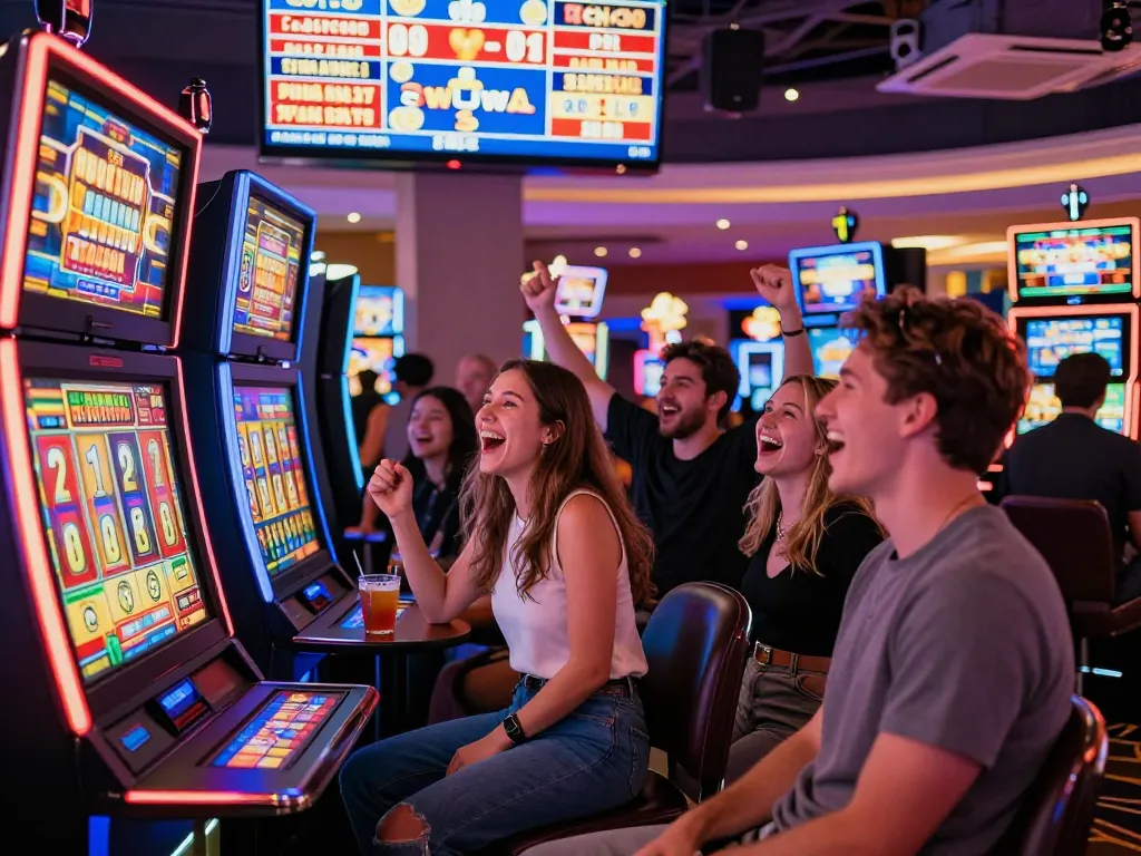 Kumpulan teman yang menikmati permainan slot link di kasino yang meriah, menangkap kegembiraan dan energi dari permainan.