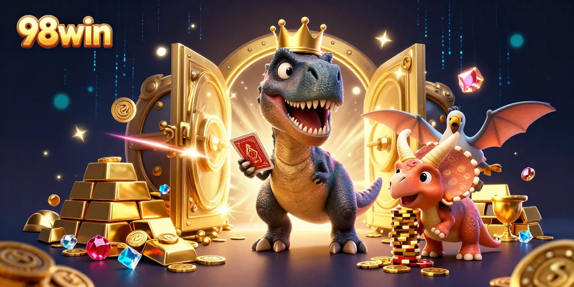 98win offers a thrilling casino experience with vibrant characters shuffling cards and stacking chips.