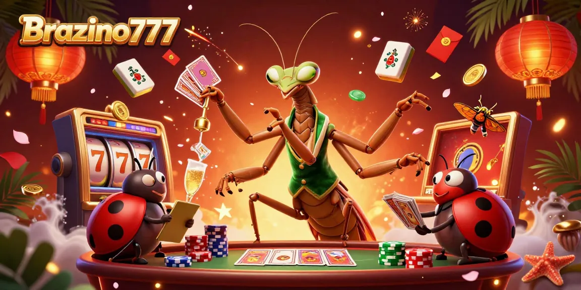 Brazino777 casino promo illustration showcasing thrilling card games with a mantis dealer, colorful casino elements around.