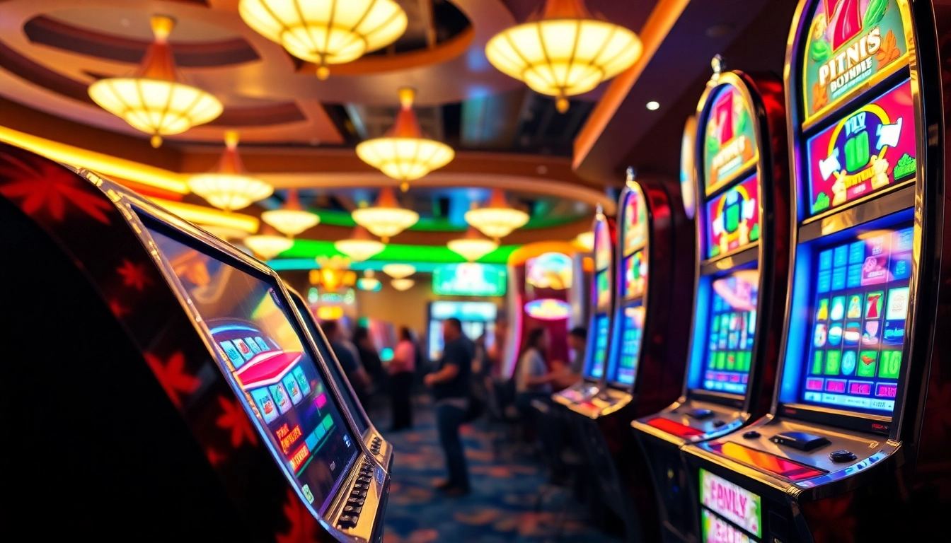 Slot Game menarik perhatian dengan mesin slot berwarna-warni dan pemain yang ceria.