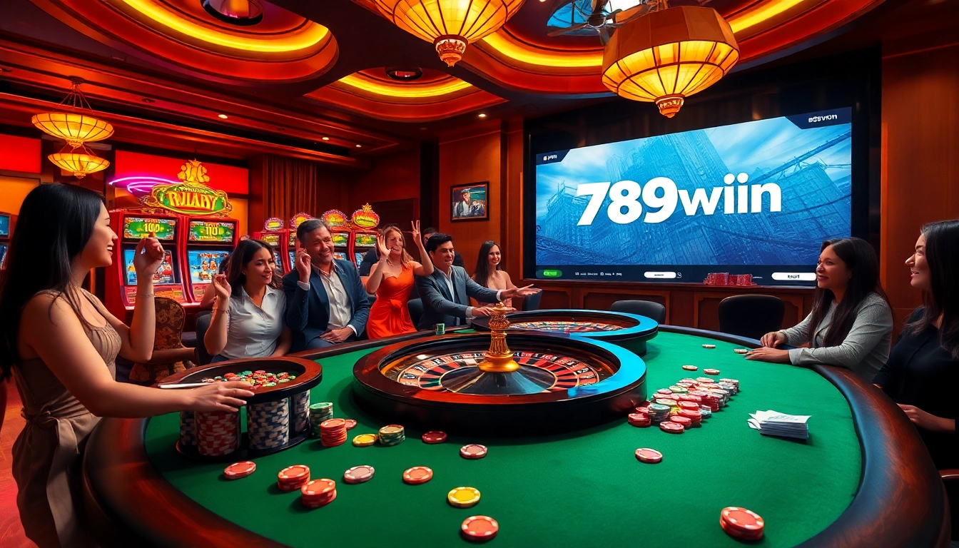 Engaged players experiencing the thrill of gambling at the 789win poker table in a vibrant casino.