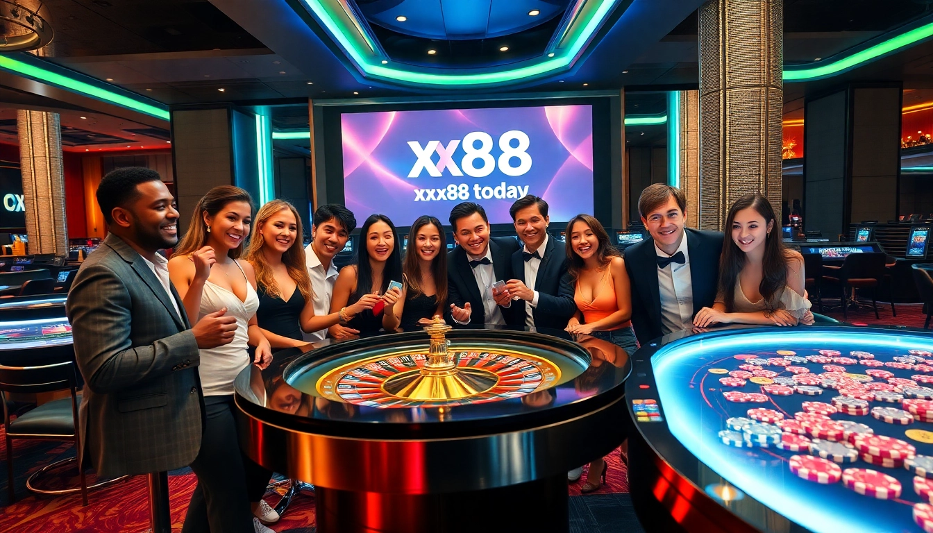 Experience the thrill of online gaming at https://xx88.today/ with vibrant casino settings and players engaged in excitement.