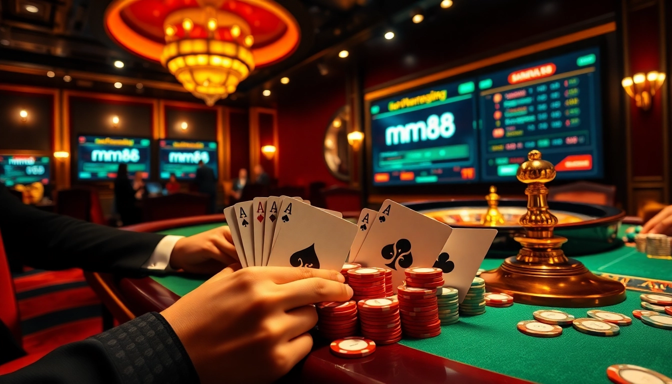 Experience the thrill of mm88 with players at a high-stakes poker table in a luxurious casino setting.