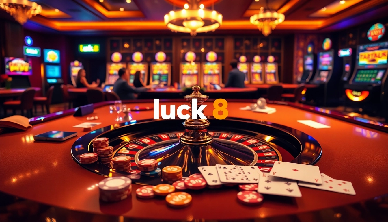 Experience the excitement of luck8 at a glamorous roulette table with vibrant chips and cards.