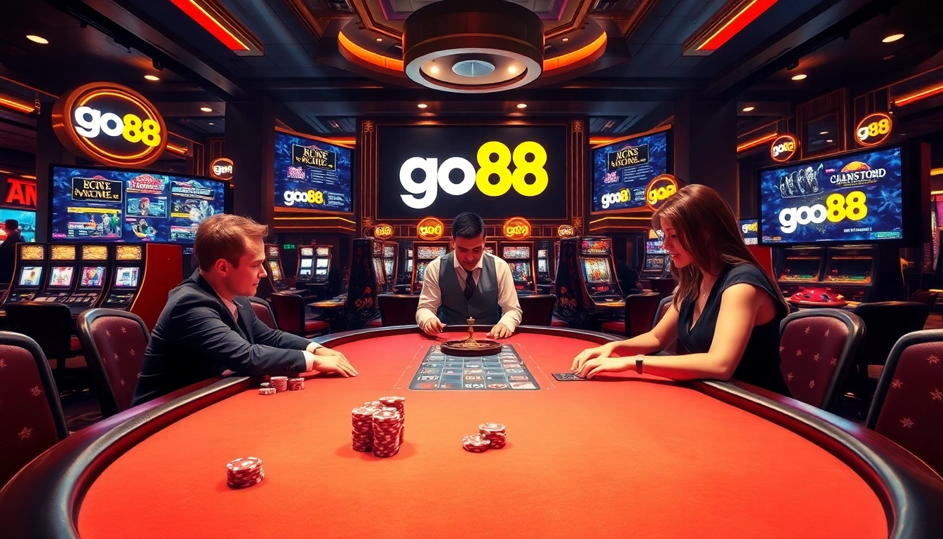 Experience the thrill of go88 at a luxurious casino with vibrant poker tables and slot machines.