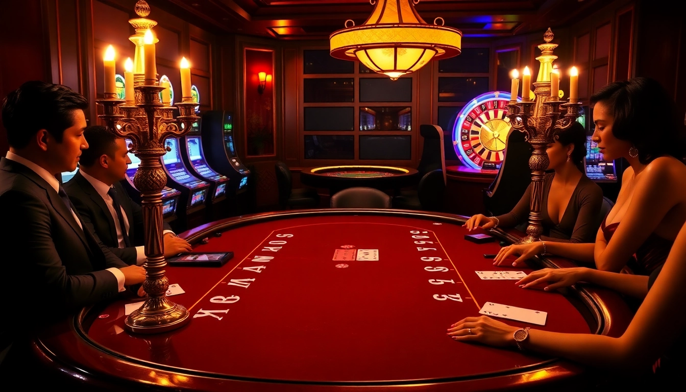 KJC players strategize at a vibrant casino poker table, showcasing high-stakes excitement.