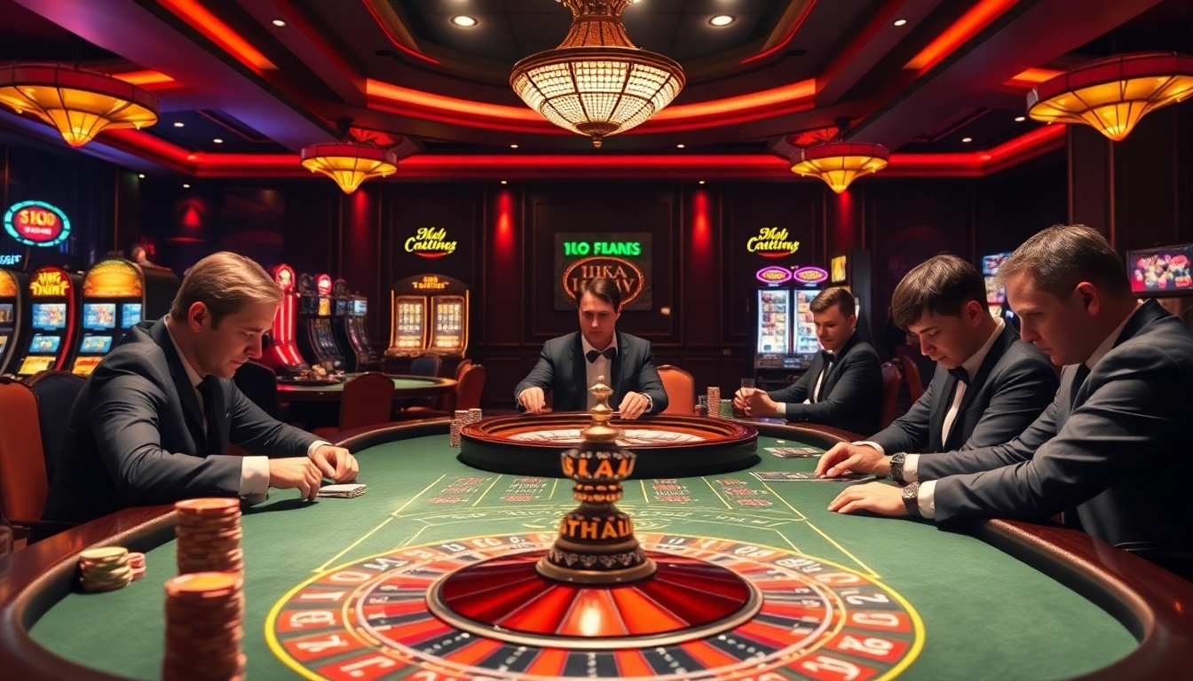 Experience thrilling gameplay at 1haywin.us.com with players at a poker table and vibrant casino elements.