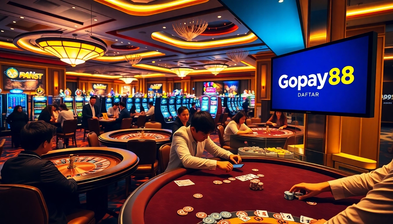 Gopay88 Daftar gaming scene featuring excited players at luxurious casino tables.