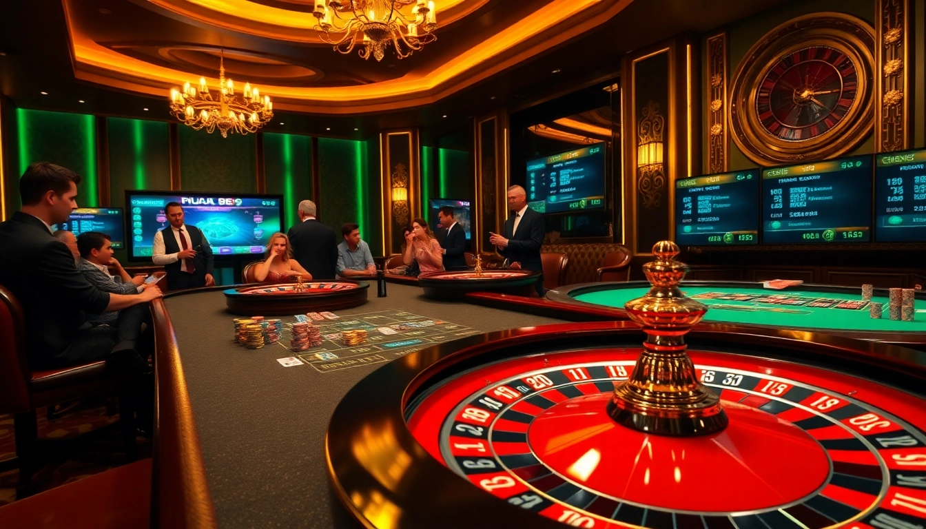 Experience the excitement at king88bet with poker players, roulette wheels, and vibrant casino atmosphere.
