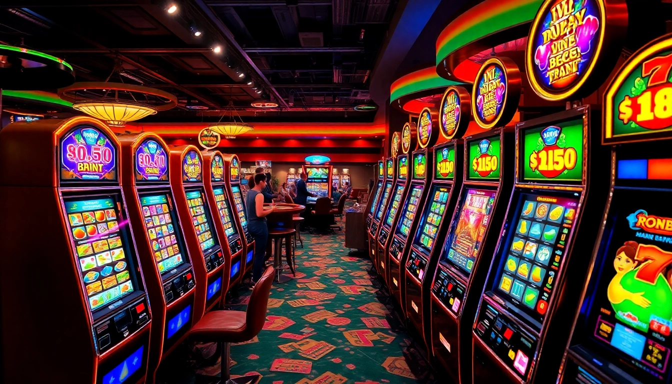 Players enjoying thrilling slot games amid vibrant casino decor and colorful machines.