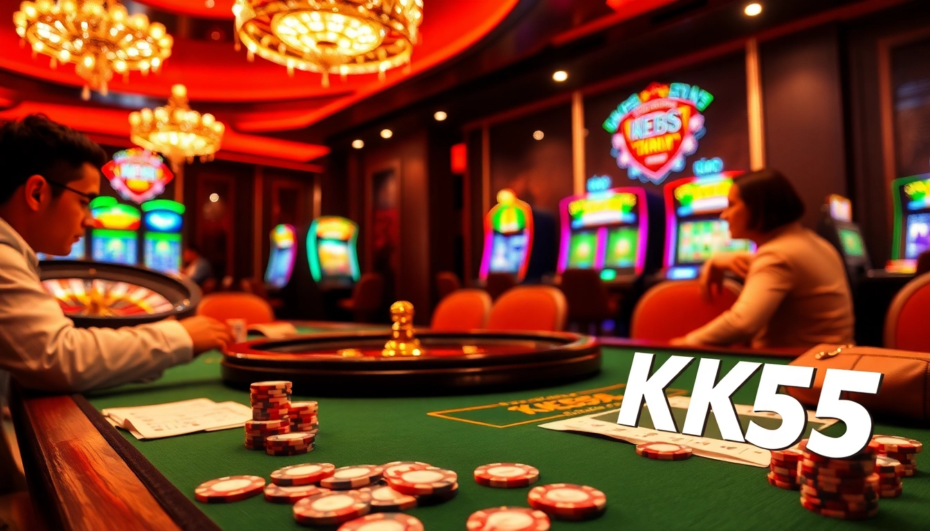 Engage in an exciting KK55 poker game with scattered chips and a spinning roulette wheel in a luxurious casino.