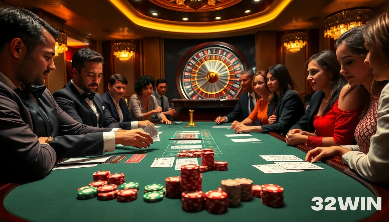 Excited players strategizing at a luxurious poker table featuring 32WIN casino chips and cards.