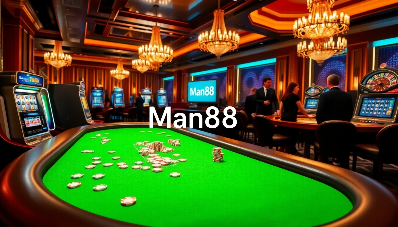 Man88 casino scene showcasing vibrant gaming tables and excited players engaged in betting.
