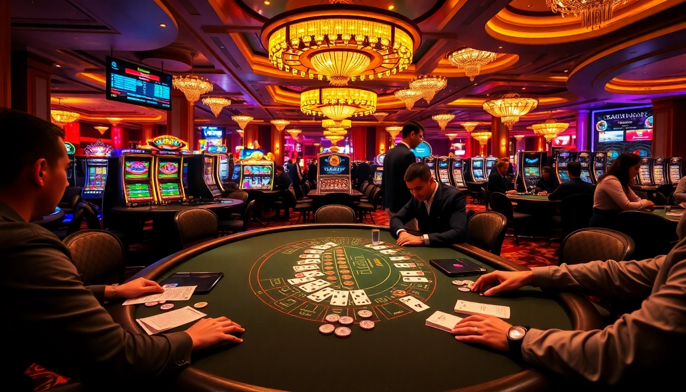 Gamblers making strategic bets at a blackjack table in a luxurious casino at https://kk55.fit/ showcasing excitement and professionalism.
