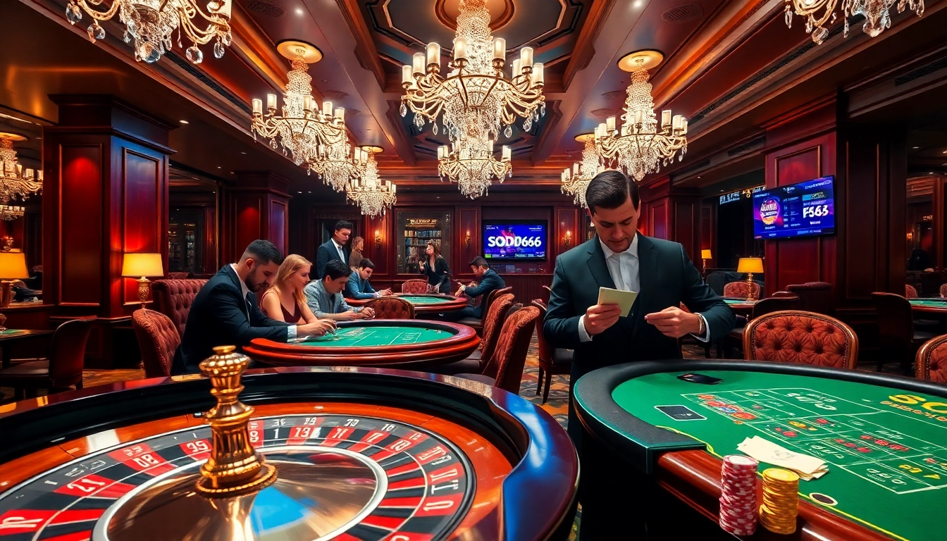 Experience the thrill of betting at SODO66 with vibrant casino scenes and excited players.