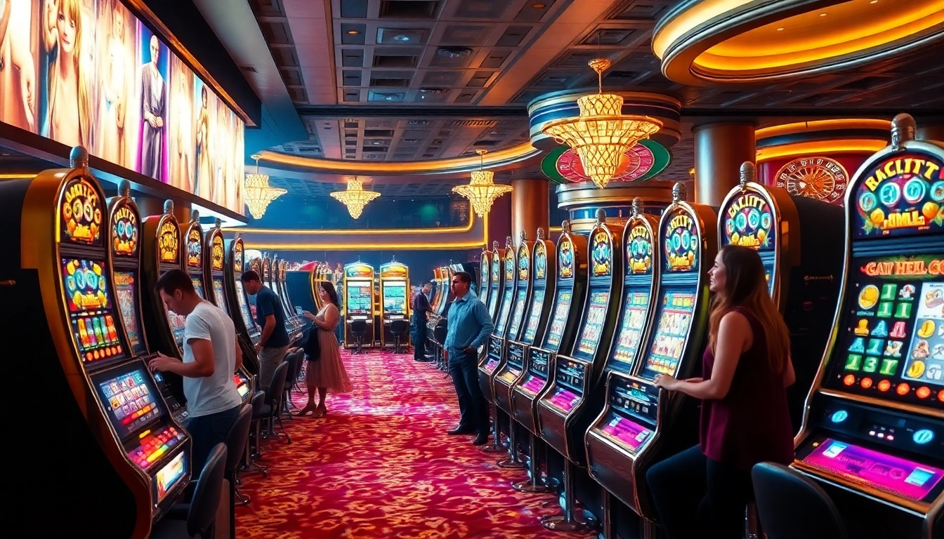 Excited players engaging with slot machines amid a vibrant casino atmosphere.