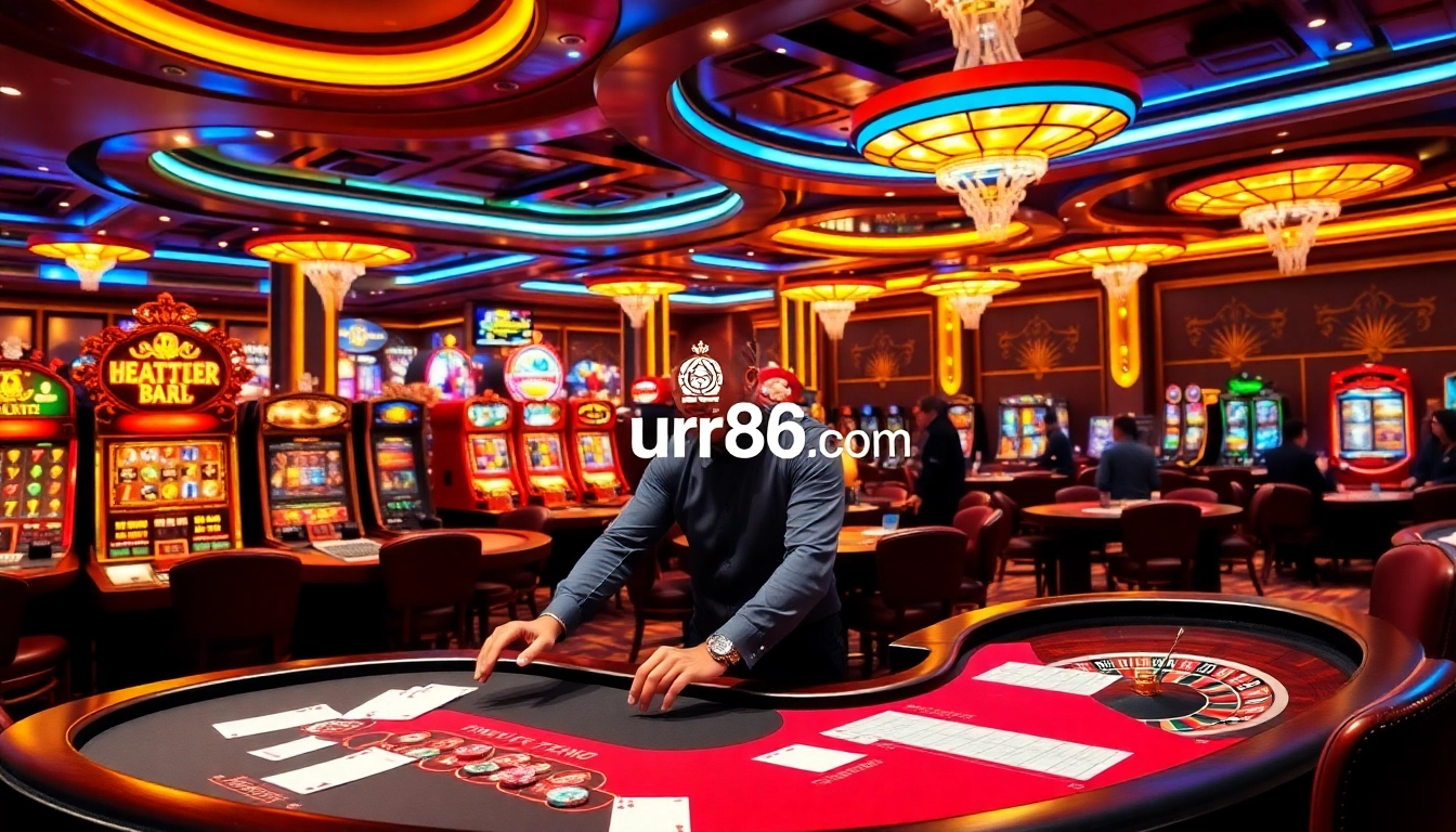 A dynamic casino scene showcasing excitement and luxury at urr88.com with poker tables and vibrant slot machines.